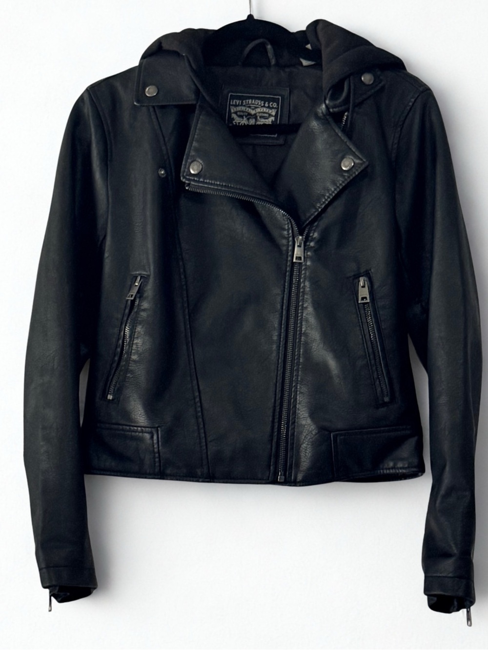 Levi's Hooded Faux Leather Biker Jacket Black Zip Pockets Women's XS